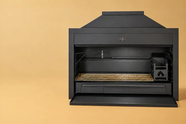 Partial view of a HomeFires built-in braai against an ochre background
