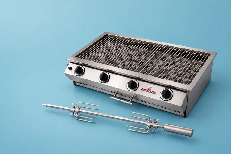 Chad-O-Chef stainless steel gas braai with a rotisserie on a blue background