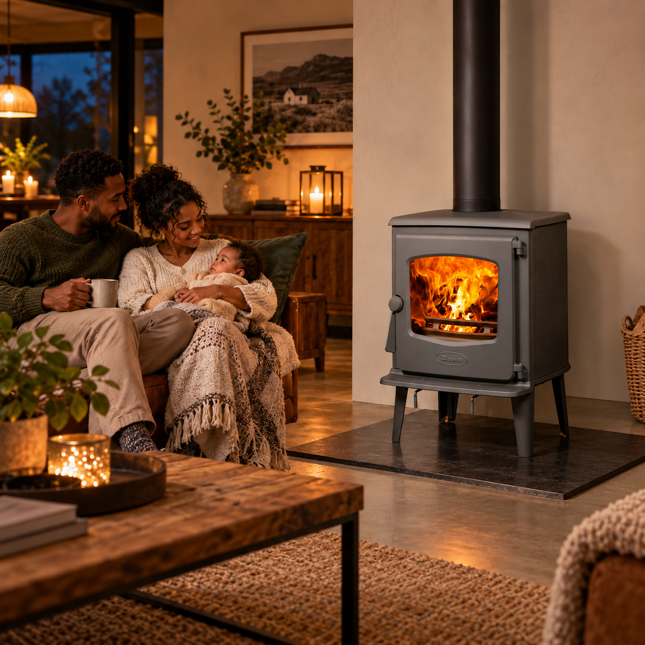 Dovre 525CB alight on a dark hearth plate in a farmhouse lounge at night, its flue pipe rising, as a young couple with their baby relax on a couch