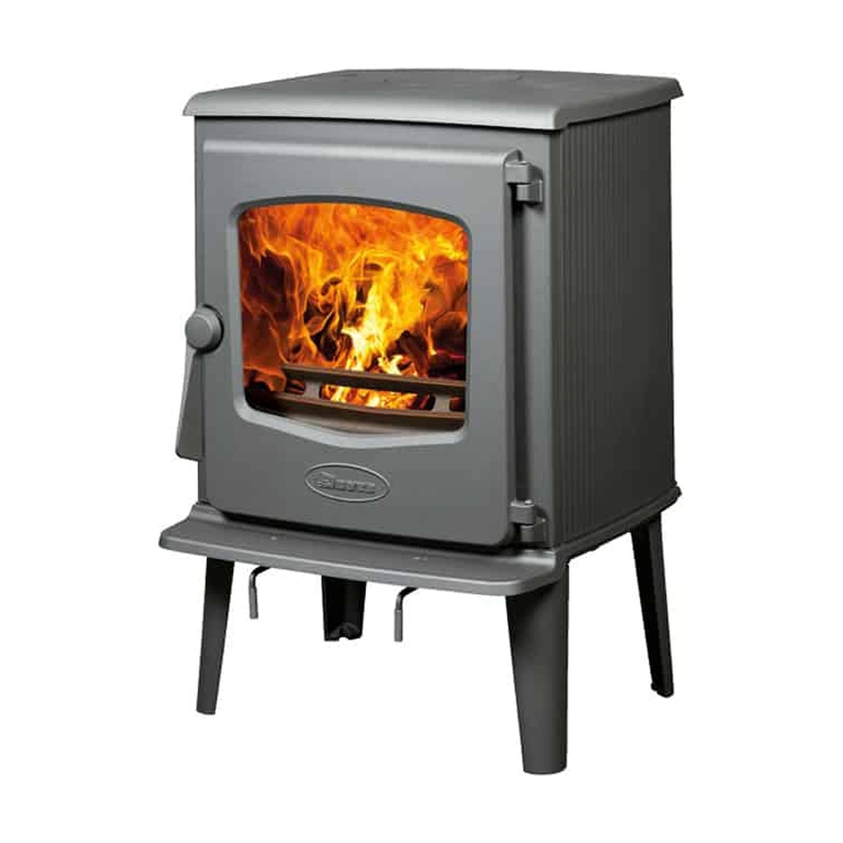 Dovre Modern 525CB wood stove in black on four slim legs, three-quarter view: a fire behind the glass door, the handle on the left and a ribbed side