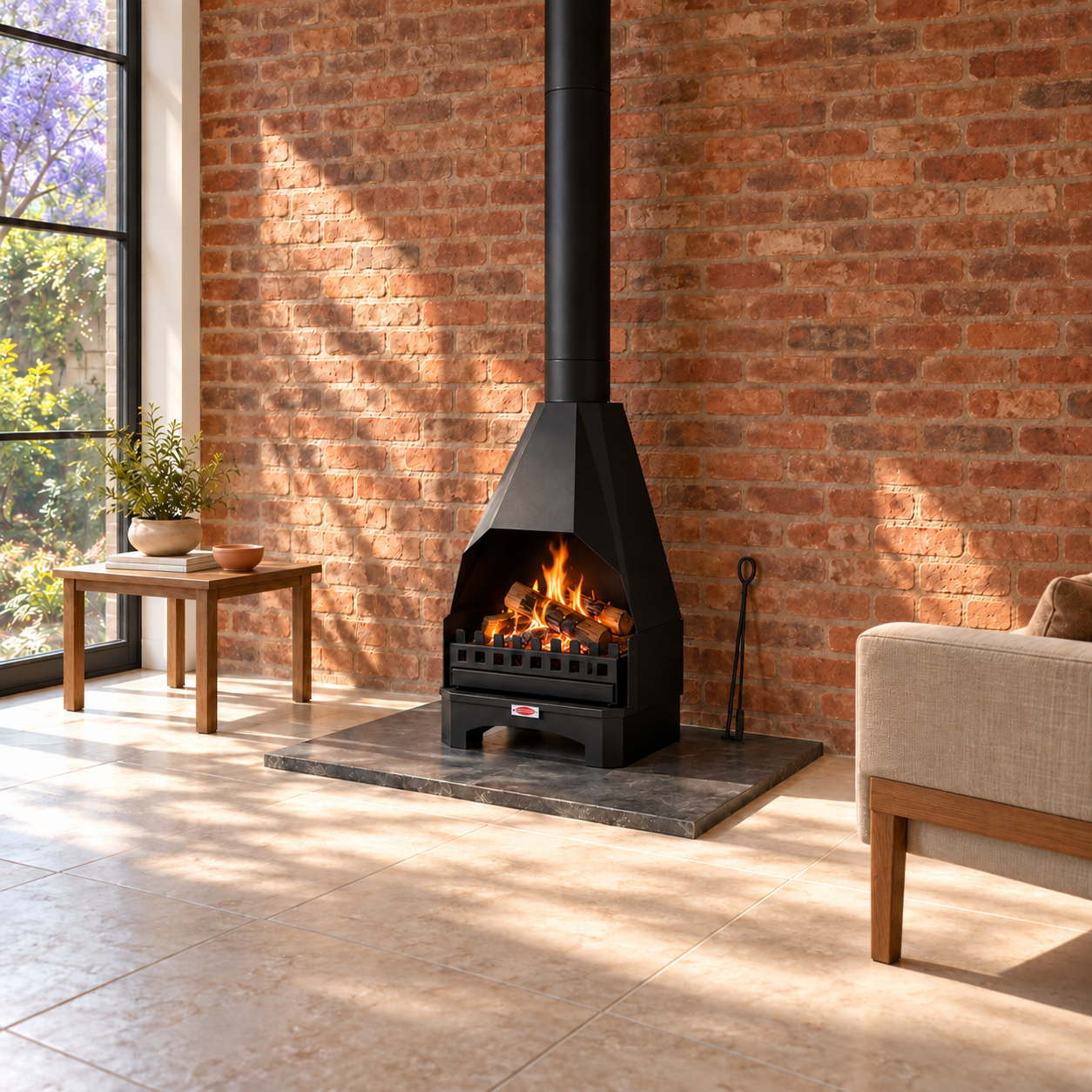 Jetmaster Mynx 7-50 Fireplace Bundle alight on a hearth against a brick living-room wall