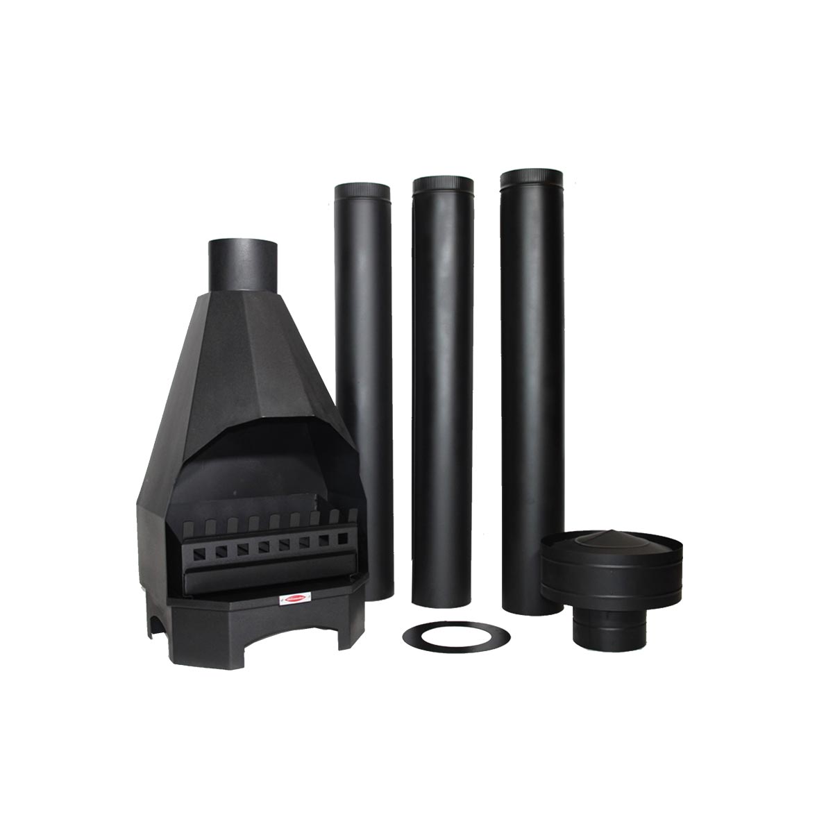 Jetmaster Mynx 7-50 Fireplace Bundle, open black fireplace body with separate flue sections and cowl
