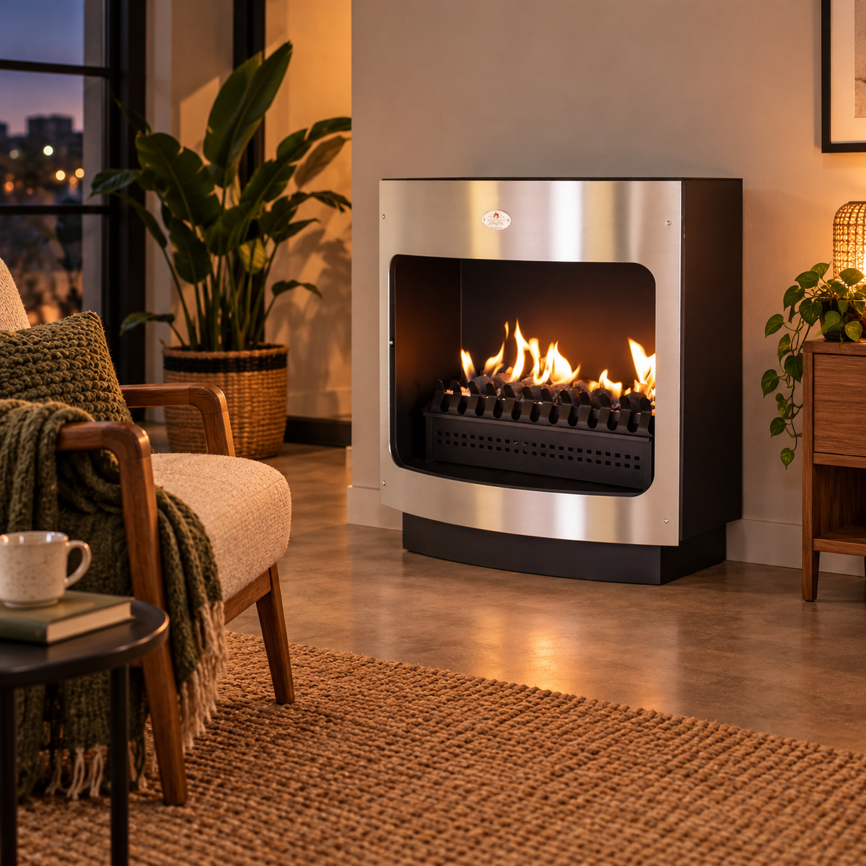 HomeFires Maluti 760 gas firebox alight against a wall on a concrete floor in the evening, with an armchair, a throw and a mug beside it