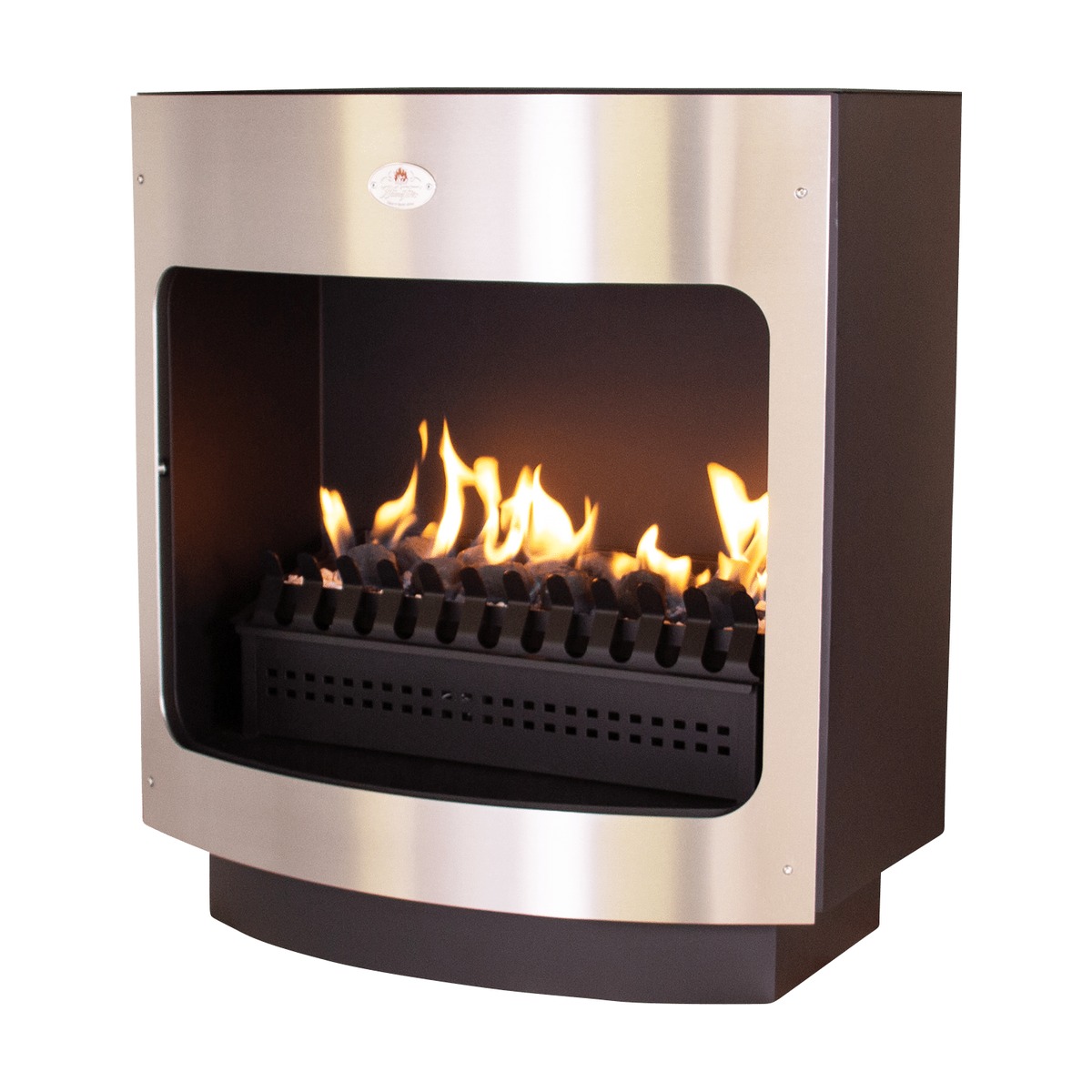 HomeFires Maluti 760 freestanding gas firebox: a curved stainless-steel face with a rounded opening, flames over the coal gas grate, on a black plinth