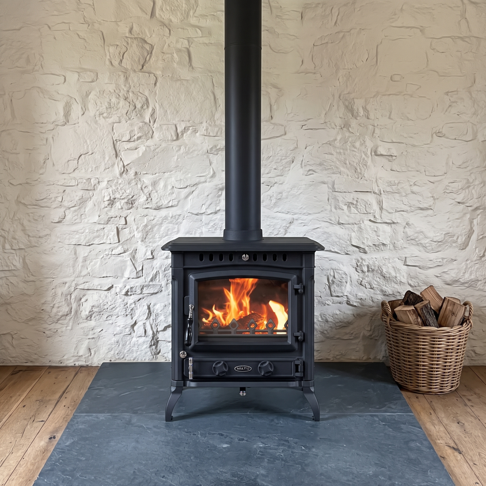 WIKING ME086 Fireplace alight on a dark hearth against a light textured wall
