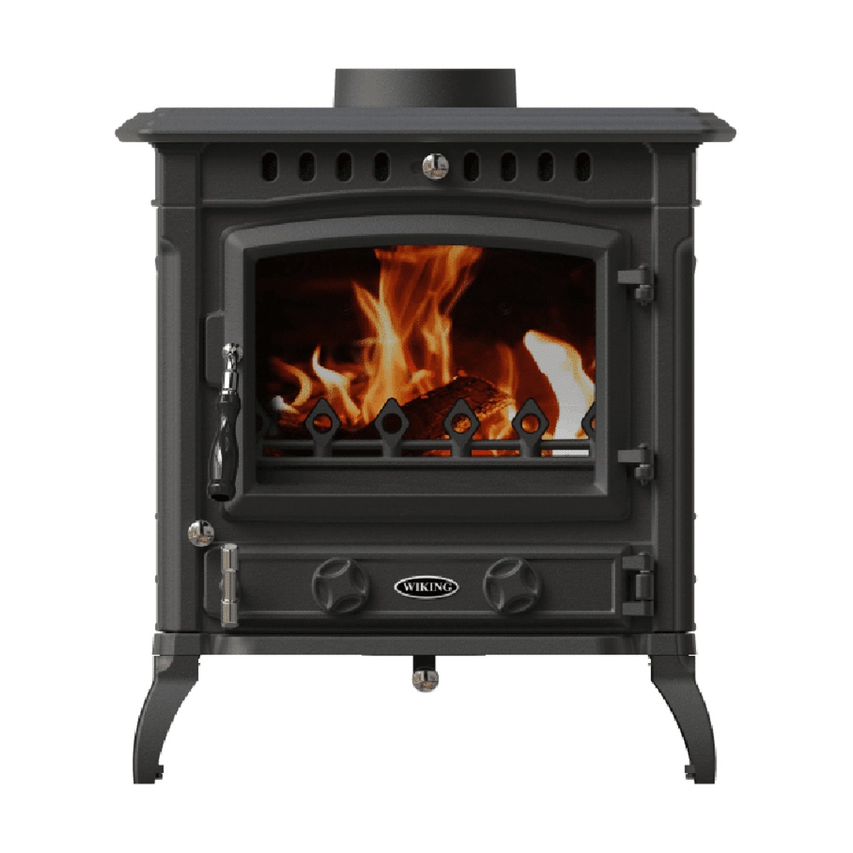WIKING ME086 Fireplace, black cast-iron stove on curved legs with a fire behind glass